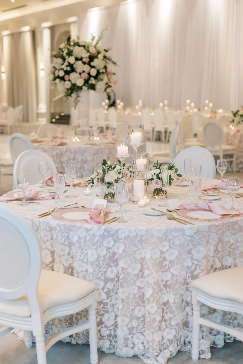 Vintage Pink Old Florida Wedding Reception Table Setting Inspiration | Frosted Glass Chargers, Gold Flatware, White Lace Overlay and Blush Linen Ideas