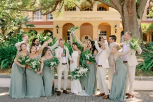 Bridal Party Wedding Portrait with Bridesmaids in Sage Green Floor Length Bridesmaids Dresses