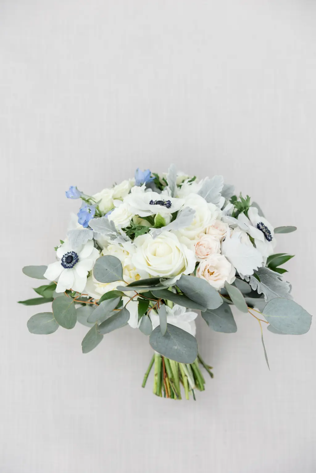 White Anemone, Blush Roses, Blue Flowers, and Greenery Wedding Bouquet Ideas | Tampa Bay Florist Monarch Events and Design