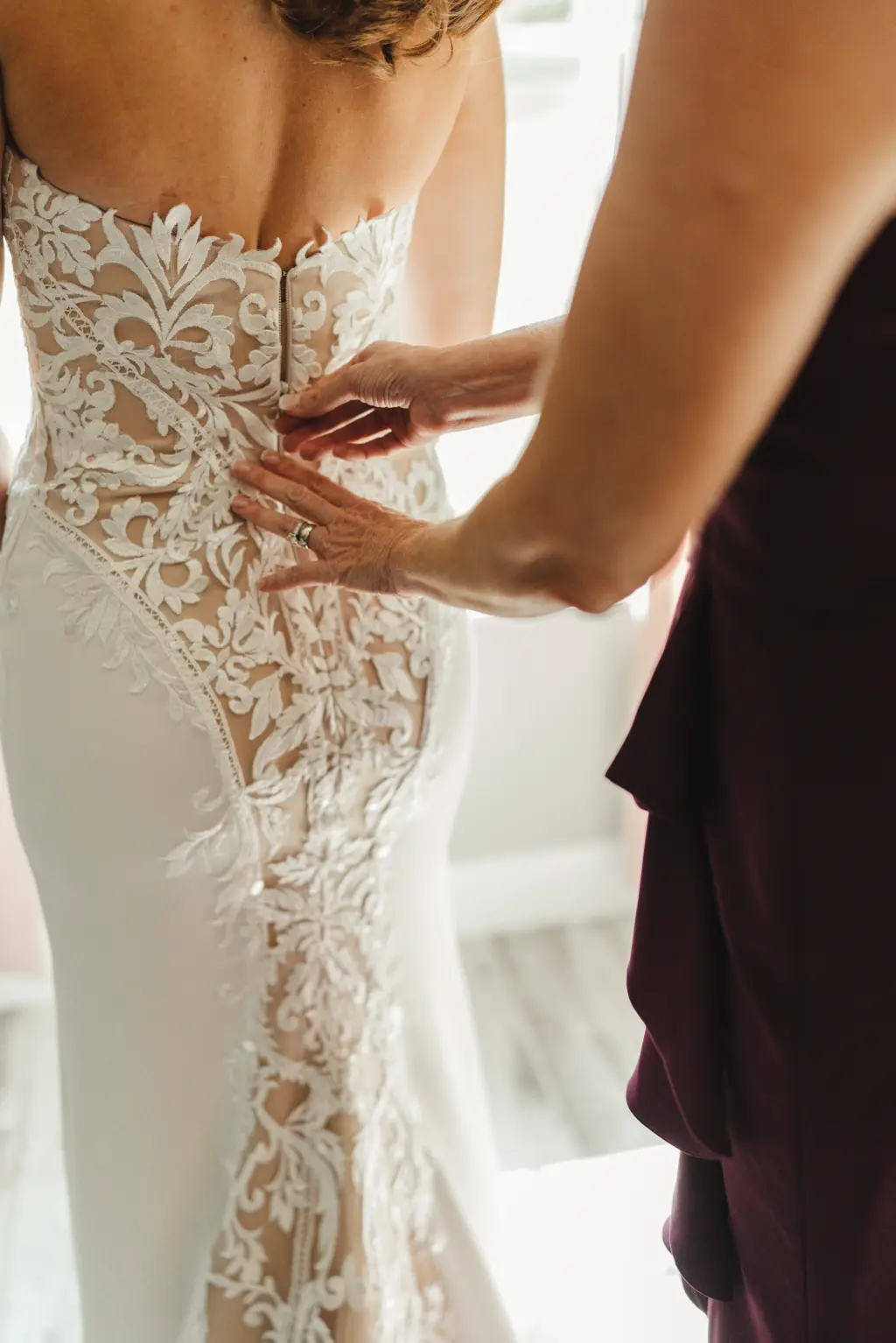 Bride Getting Ready | White and Nude Strapless Fit and Flare Wedding Dress with Lace Detail Inspiration