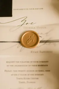 Classic Black and White Wedding Invitation with Gold Wax Seal Ideas | Tampa Bay Stationery Shop A&P Designs