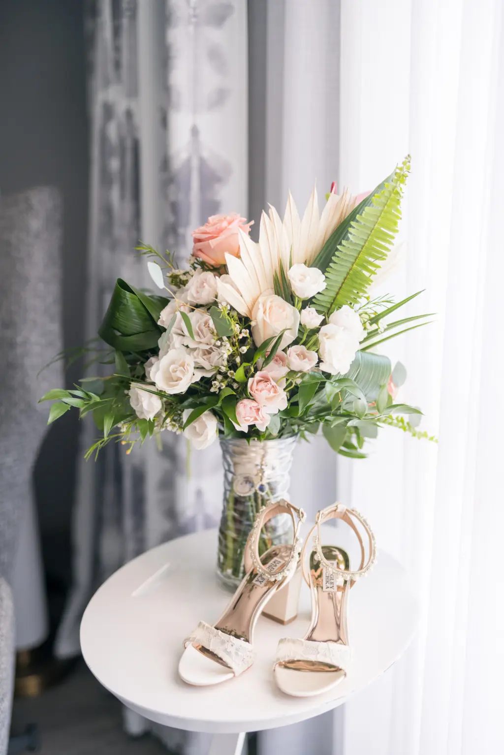 Tropical Wedding Bouquet with Pink and White Roses, Ferns, and Greenery | Tampa Bay Wedding Planner and Florist Lemon Drops Weddings and Events