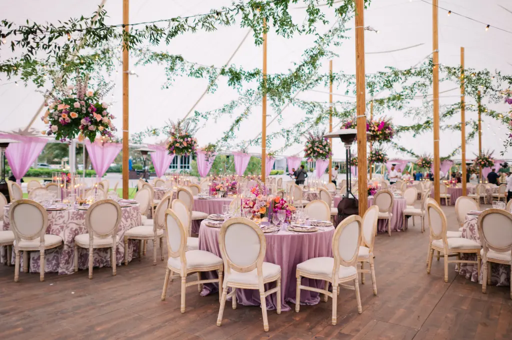 Hanging Greenery | Velvet Purple Table Cloth with Gray Chairs | Tropical Old Florida Wedding Reception | Sarasota Venue The Resort at Longboat Key Club | Florist Botanica Design Studio