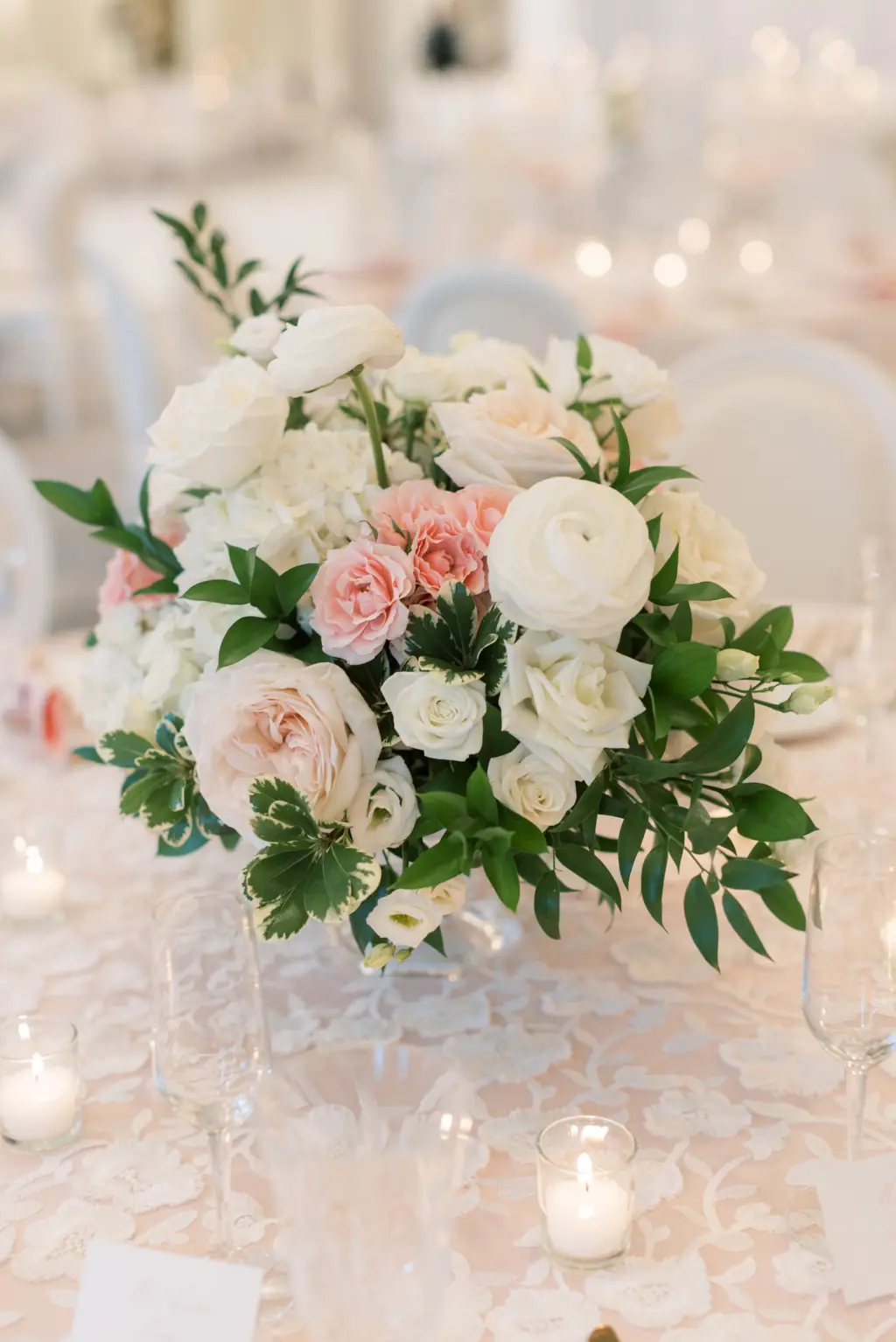 White Roses, Pink Garden Roses, Carnations, and Greenery Centerpieces for Wedding Reception Inspiration | St. Pete Florist Bruce Wayne Florals