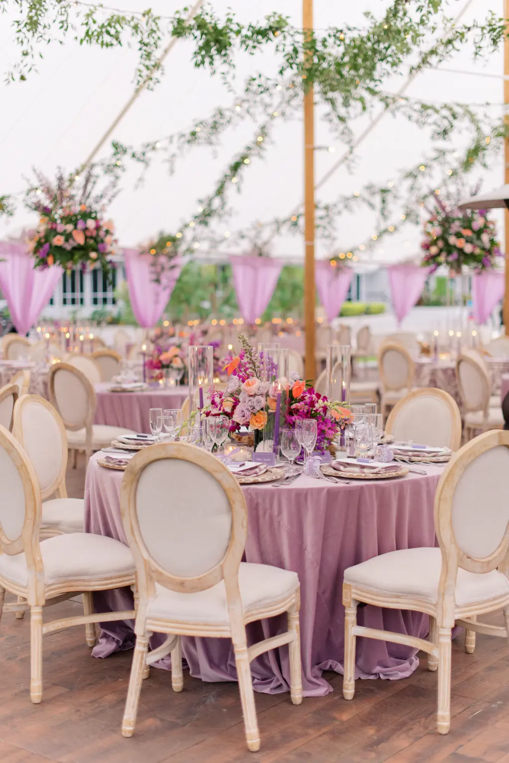 Velvet Purple Table Cloth with Gray Chairs | Tropical Old Florida Wedding Reception | Sarasota Venue The Resort at Longboat Key Club | Florist Botanica Design Studio
