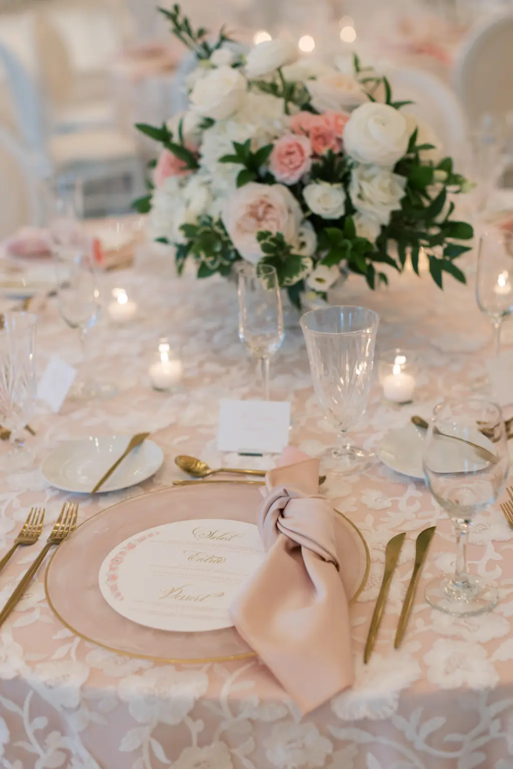 Vintage Pink Old Florida Wedding Reception Table Setting Inspiration | Frosted Glass Chargers, Gold Flatware, and Blush Linen Ideas
