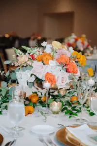 Pink and Orange Old Florida Rose Centerpiece Inspiration for Wedding Reception