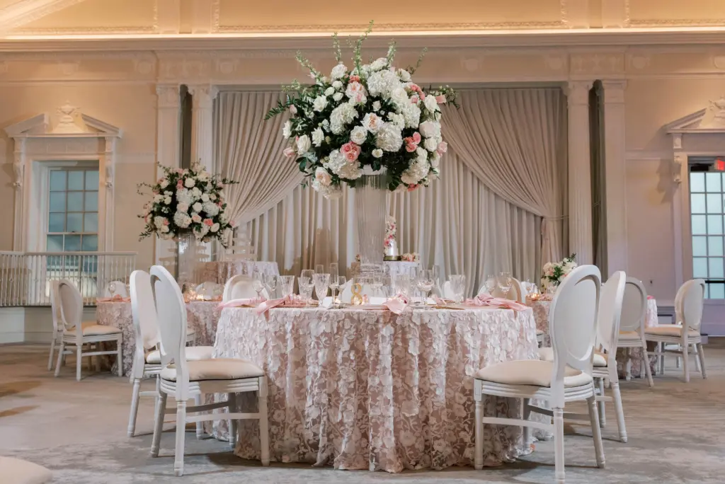 Tall Vase with White Hydrangeas and Pink Roses Flower Arrangement Centerpiece Ideas | Tampa Bay Wedding Florist Bruce Wayne Florals | Draping Gabro Event Services | Planner Parties A La Carte