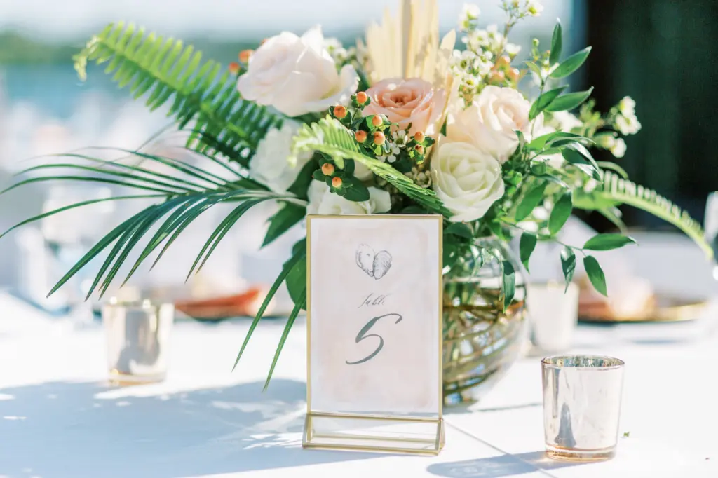Oyster Themed Table Number Inspiration | Rose and Palm Frond Wedding Reception Centerpiece Ideas | Tampa Bay Planner and Florist Lemon Drops Weddings and Events