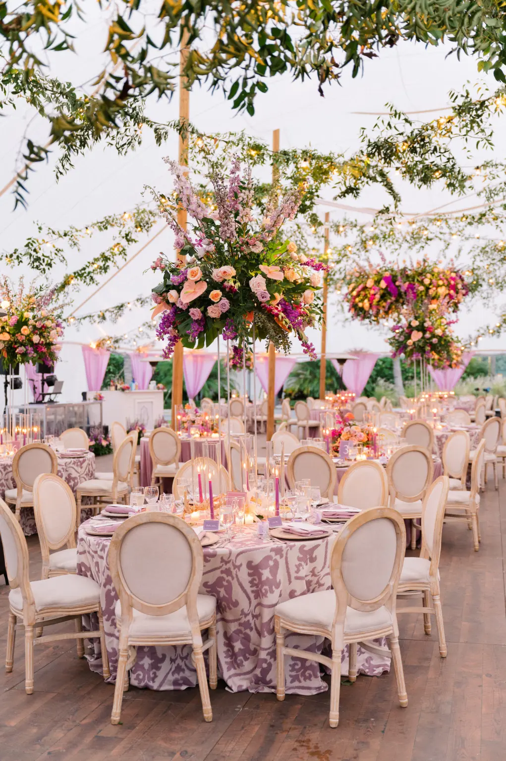 Tall Flower Stand with Purple and Orange Roses, Stock Flowers and Greenery Tall Wedding Reception Centerpiece Ideas | Sarasota Venue The Resort at Longboat Key Club | Florist Botanica Design Studio