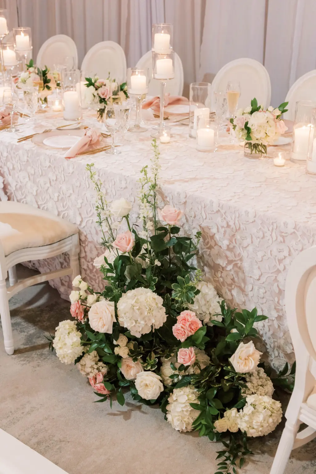 White Hydrangea and Pink Rose Head Table Floral Floor Arrangement | Tampa Bay Wedding Florist Bruce Wayne Florals