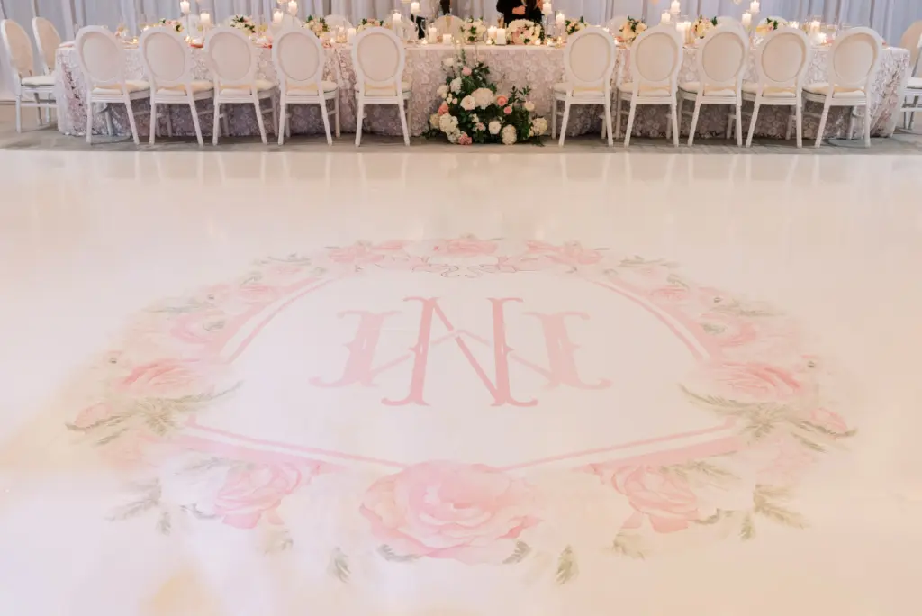 Custom Monogram Logo Pink, White, and Green Floral Dance Floor Wrap for Old Florida Wedding Reception Ideas