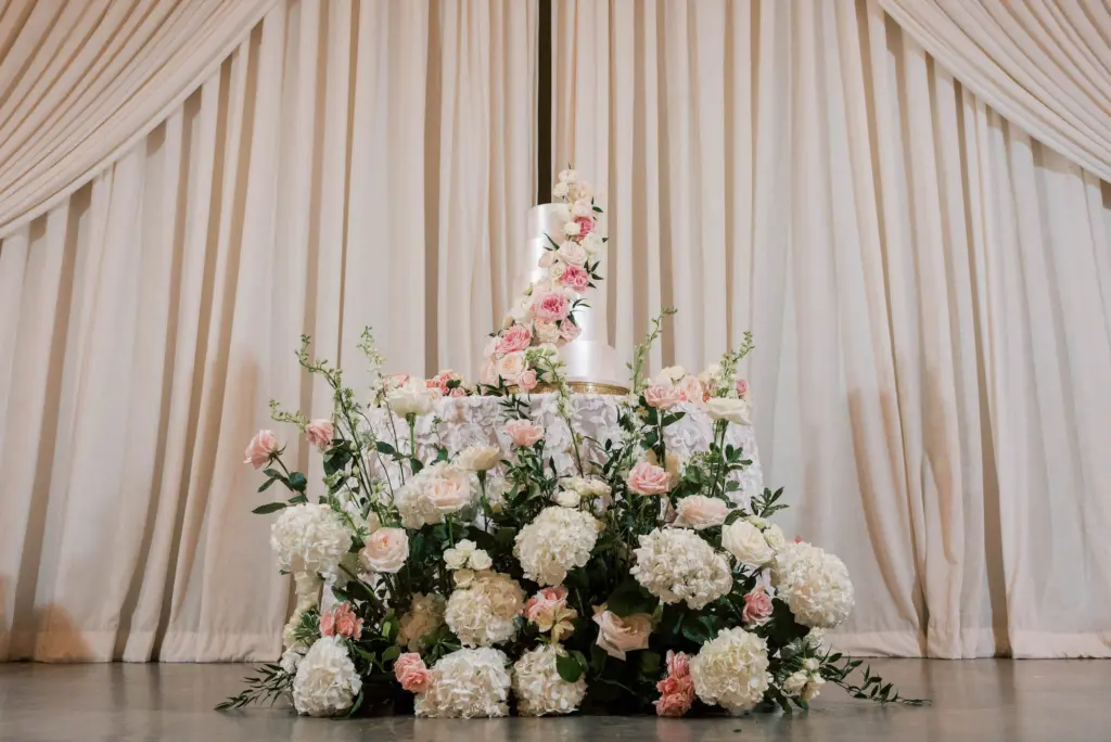 White Hydrangea and Pink Rose Wedding Cake Table Floral Floor Arrangement | Tampa Bay Florist Bruce Wayne Florals