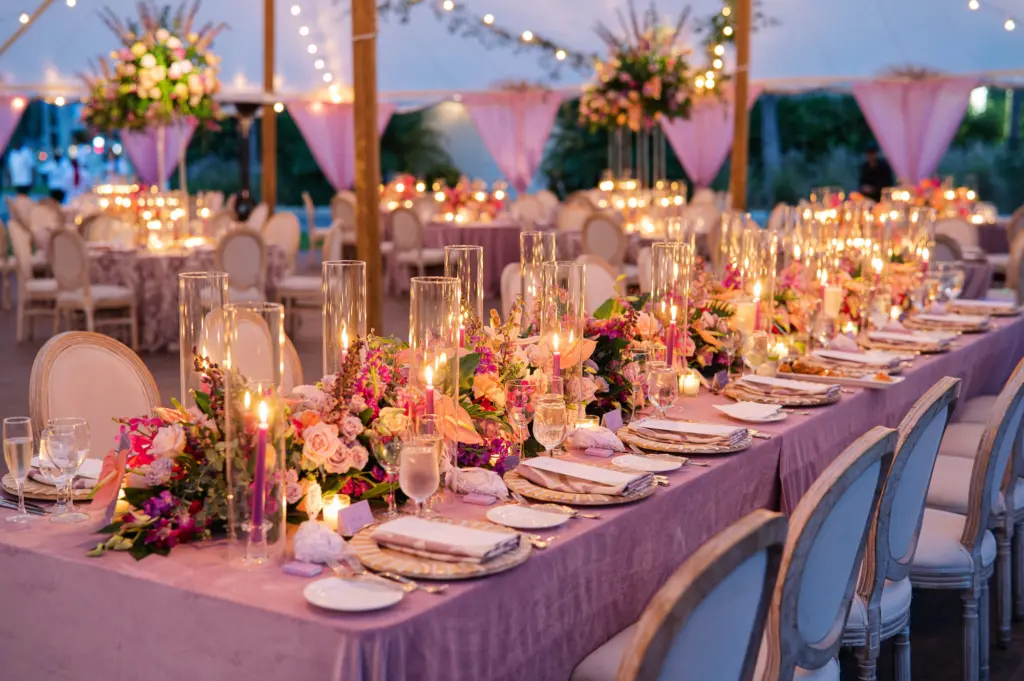 Candlelit Tropical Purple Wedding Reception Inspiration | Sarasota Florist Botanica Design Studio