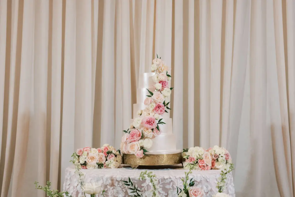 Five-tiered Shimmering Wedding Cake with Pink and White Rose Accents | Tampa Bay Florist Bruce Wayne Florals