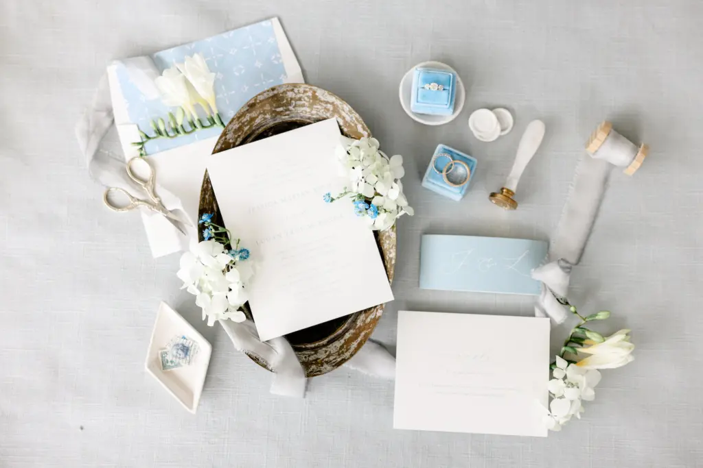 Pastel White and Light Blue Wedding Invitation Suite Inspiration