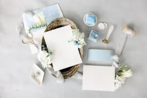 Pastel White and Light Blue Wedding Invitation Suite Inspiration