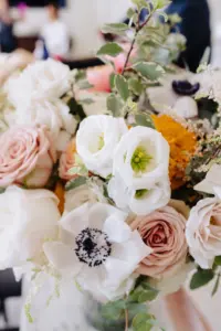 White Anemone, Pink Roses, Orange Carnations for Wedding Bouquet