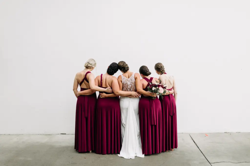 Burgundy Infinity Wrap Bridesmaids Dress Ideas for Wedding Day | Tampa Bay Hair and Makeup Artist Femme Akoi Beauty Studio
