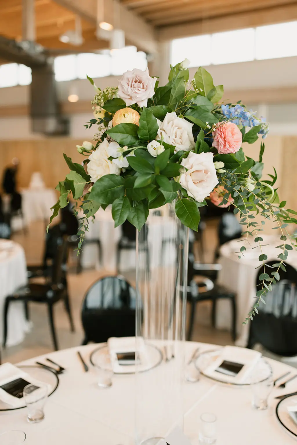 Pastel Spring Wedding Reception Centerpiece Decor Ideas | Pink Garden Roses, White Roses, Blue Stock Flowers, and Greenery