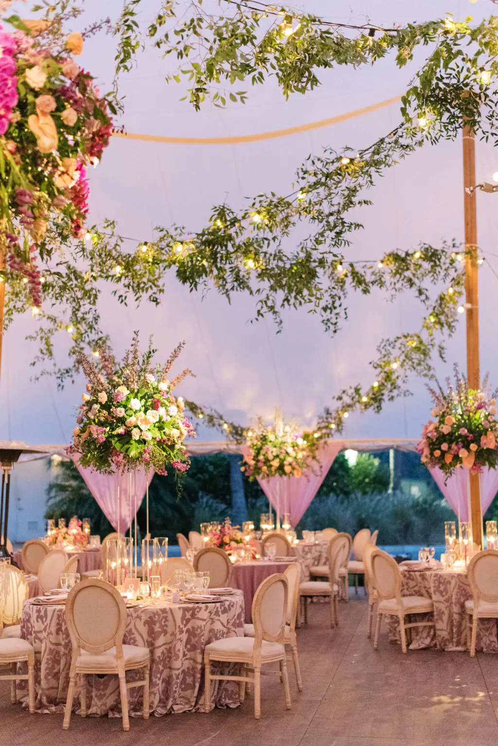 Hanging Greenery Ideas for Old Florida Tropical Purple Wedding Reception