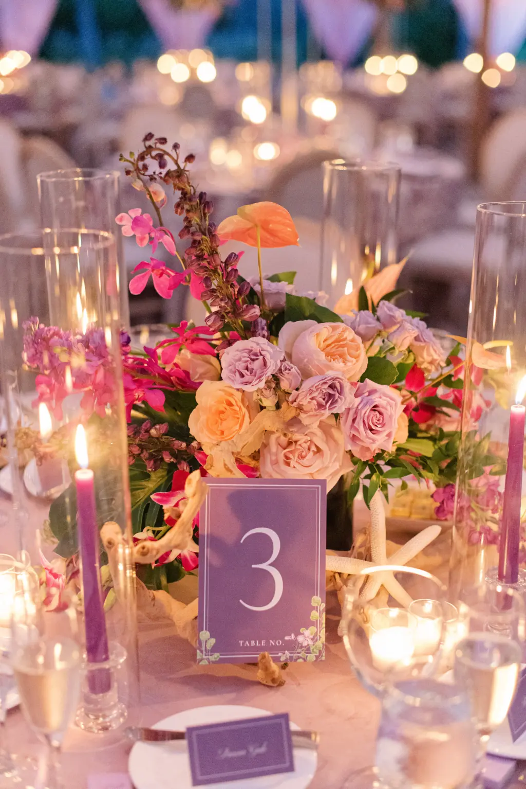 Pink and Purple Garden Roses, Purple Foxgloves, Stock Flowers, and Greenery Wedding Reception Centerpiece Decor Ideas | Purple Table Number Card Inspiration