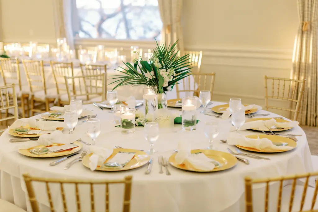 Gold Flatware and Charger Place Setting Inspiration | Wedding Reception with Tropical Centerpiece Ideas