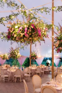 Hanging Floral Chandelier Inspiration with Greenery, Purple and Orange Flowers | Luxurious Old Florida Wedding Reception Ideas | Sarasota Venue The Resort at Longboat Key Club | Florist Botanica Design Studio