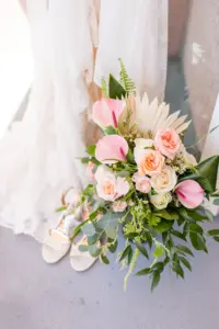 Tropical Wedding Bouquet with Pink and White Roses, Ferns, and Greenery | Tampa Bay Planner and Florist Lemon Drops Weddings and Events