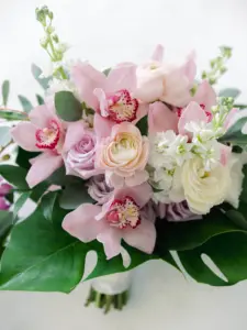 Pink Orchids, Roses, White Stock Flowers and Monstera Leaf Bridal Bouquet for Wedding Inspiration | Tampa Bay Florist Botanica International Design Studio