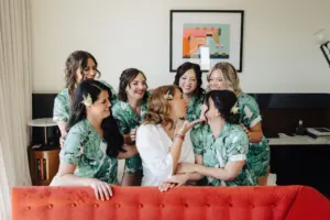 Bride and Bridesmaids Getting Ready | Matching Tropical Pajamas Ideas