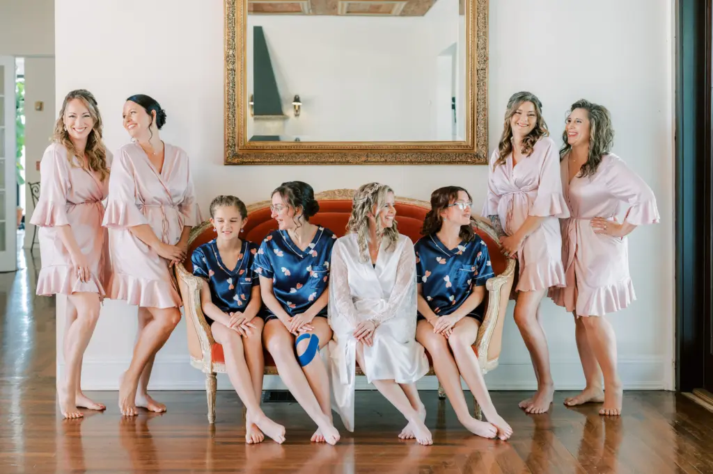 Bride and Bridesmaids Getting Ready Wedding Portrait | Matching Satin Robes and Pajamas Inspiration