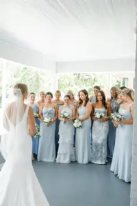 Bride and Bridesmaids First Look Wedding Portrait | Mis-Matched Blue Dresses