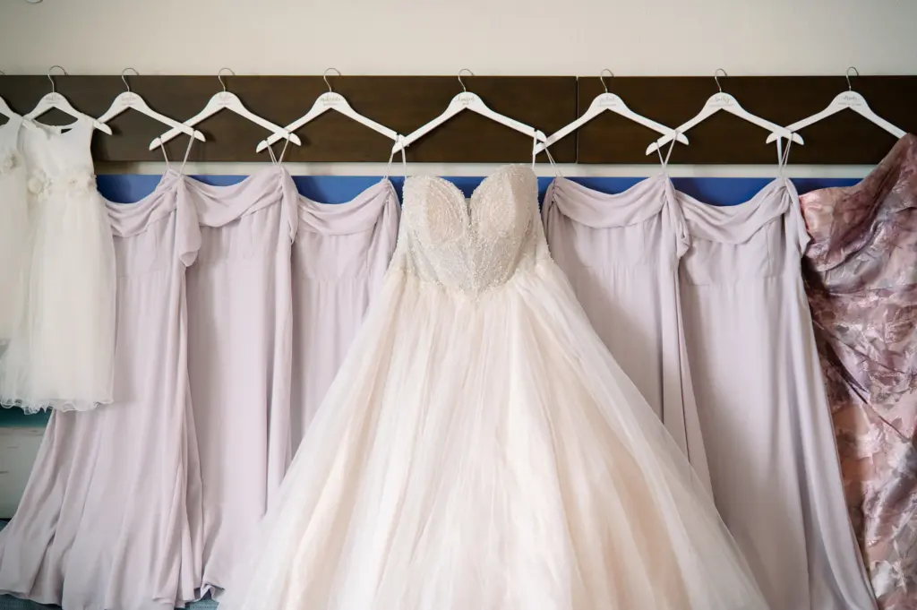 Nude Strapless Chiffon A-line Wedding Dress Inspiration | Lavender Gray Bridesmaids Dress Ideas