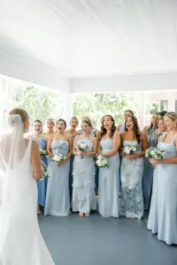 Bride and Bridesmaids First Look Wedding Portrait | Mis-Matched Blue Dresses