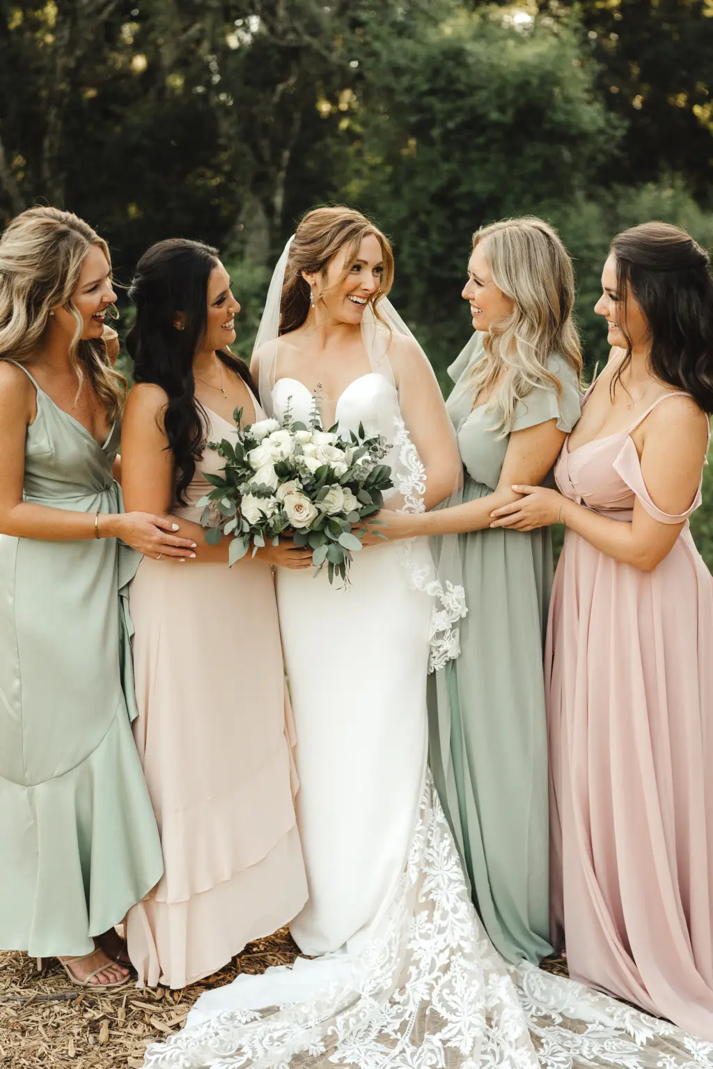 Bride with Bridesmaids Wedding Portrait | Blush Pink and Sage Green Dress Ideas | Tampa Bay Florist Monarch Events and Design
