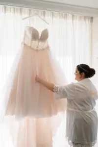 Bride Getting Ready | Nude Strapless Chiffon A-line Wedding Dress Inspiration
