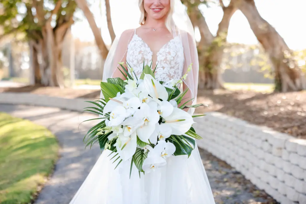 White Orchid, Monstera, and Palm Leaf Bridal Bouquet | Old Florida Wedding Inspiration