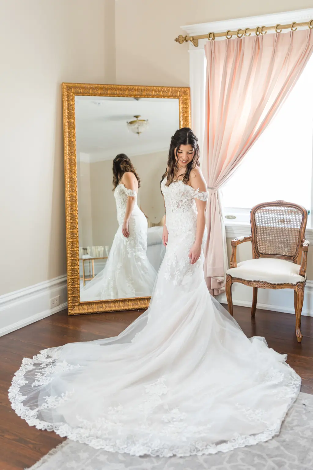 Bride Getting Ready in Essence of Australia Fit and Flare Off the Shoulder Wedding Dress Bridal Wedding Portrait | Tampa Wedding Portrait Mary Anna Photography | Tampa Hair and Makeup Artist Femme Akoi