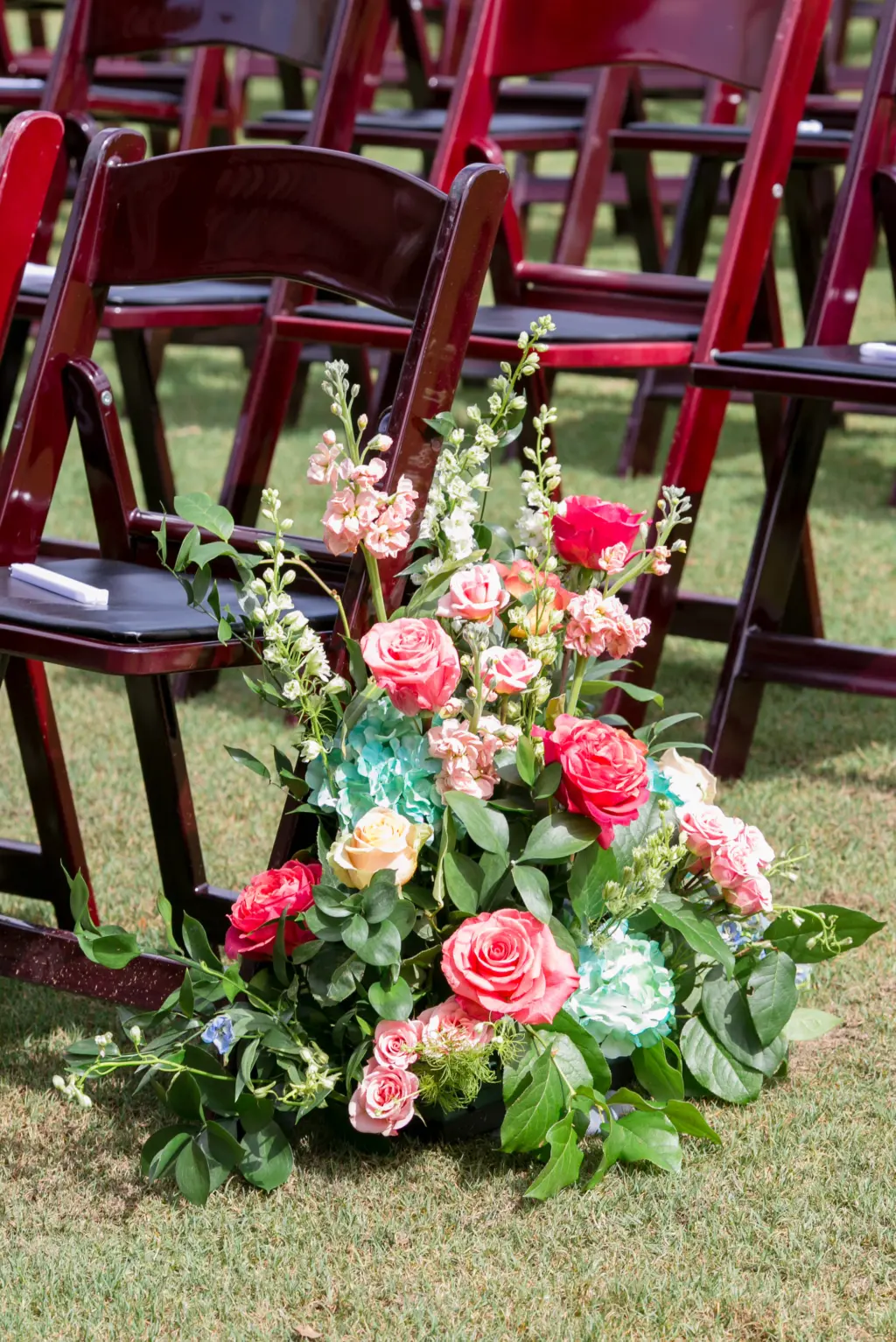 Colorful Turquoise, Coral, and Pink Summer Aisle Floral Detail Wedding Inspiration | Central Florida Florist Monarch Events and Designs