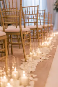 Flower Petals and Candles Wedding Ceremony Aisle Decor Ideas | Gold Chiavari Chairs | Tampa Bay Rental Company Gabro Event Services