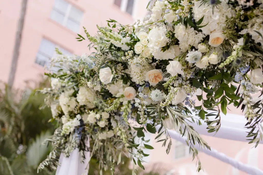 White Wild Flowers, Roses, and Greenery Monochromatic Chuppah Altar Ideas | Jewish Wedding Ceremony | Tampa Bay Florist Lemon Drops Weddings and Events