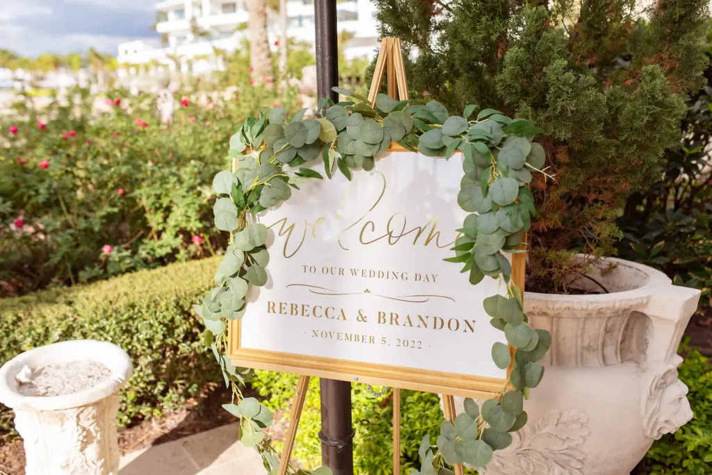 Welcome To Our Wedding Gold Ceremony Sign with Eucalyptus Garland Decor Ideas
