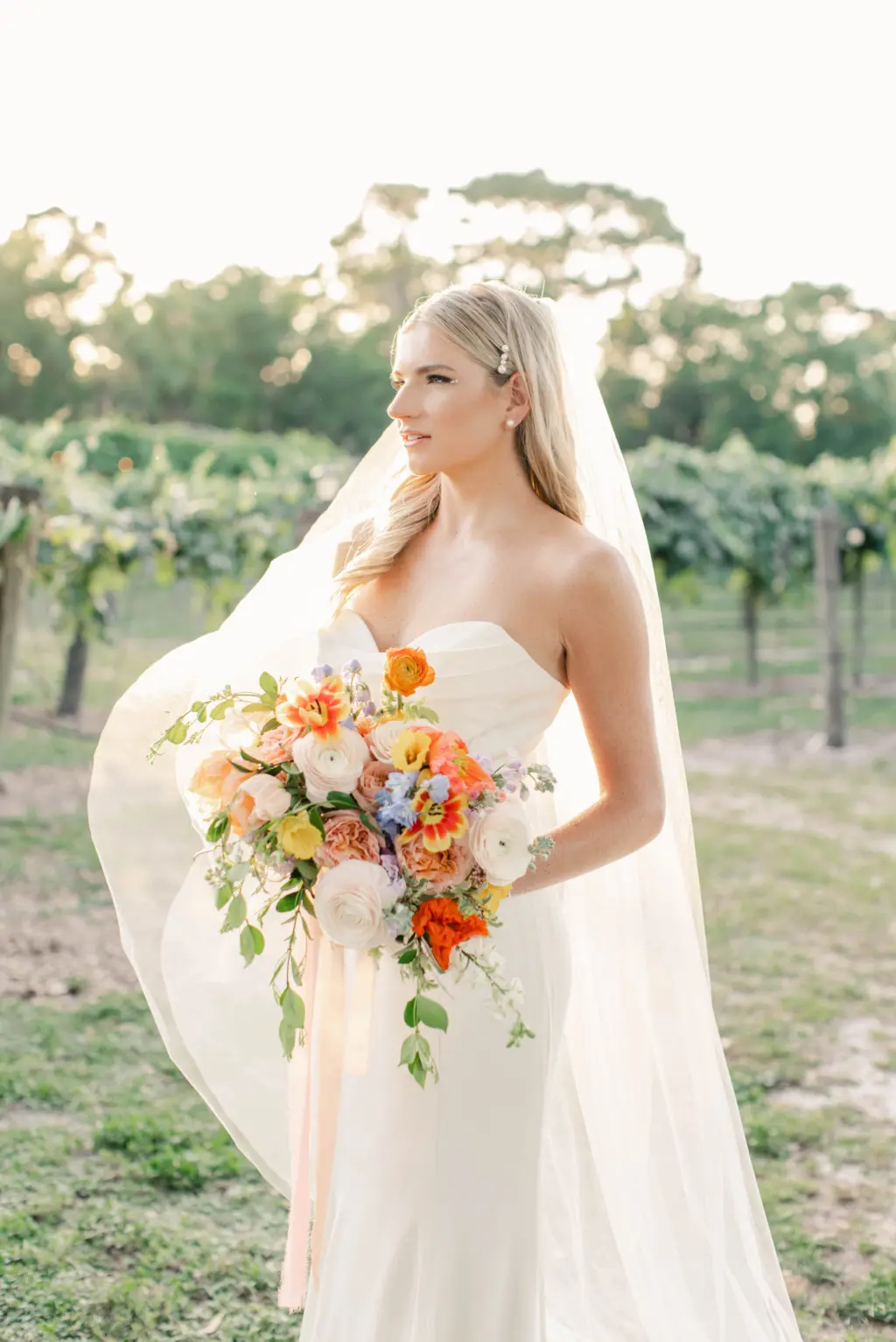 Ivory Strapless Chiffon Fit and Flare Wedding Dress Ideas | Colorful Spring Wildflower Bridal Wedding Bouquet Inspiration | Sarasota Florist Save The Date Florida | Tampa Bay Wedding Gown Boutique Truly Forever Bridal | Planner MDP Events