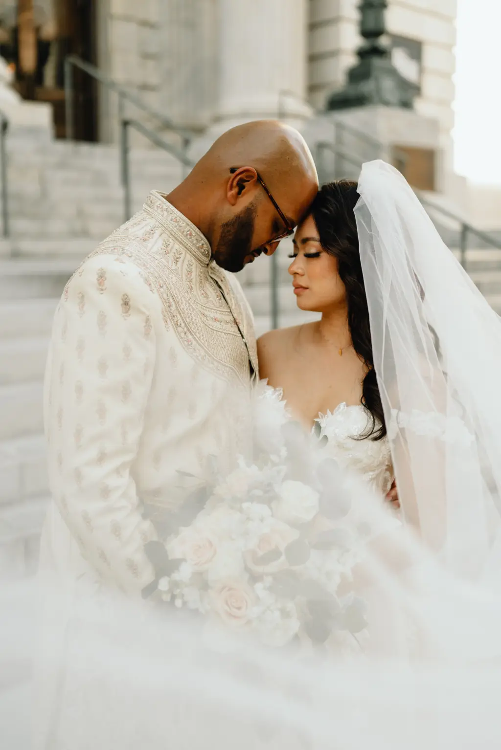 Bride and Groom Intimate Forehead Touch Wedding Portrait | Downtown Tampa Wedding Venue Le Meridien | Tampa Hair and Makeup Femme Akoi | Videographer Shannon Kelly Films | Photographer J&S Media