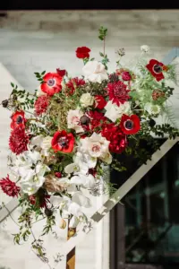 Red Anemones, Roses, Carnations, and Greenery Flower Arrangement for Geometric Arch | Chinese Wedding Ceremony Inspiration