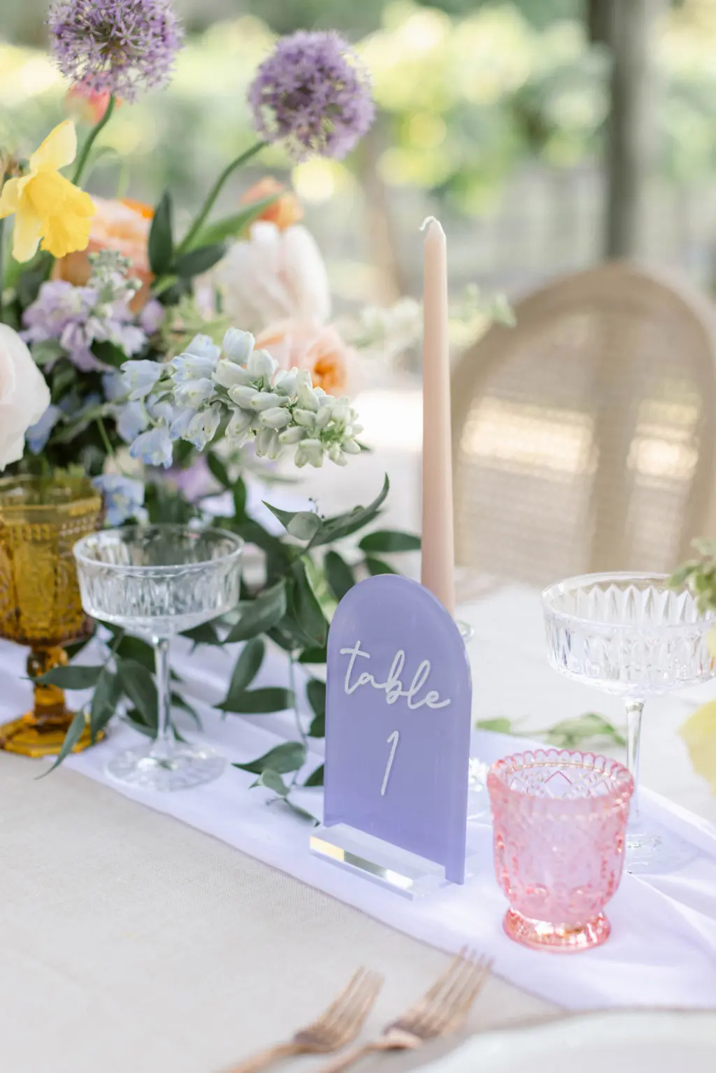 Purple Acrylic Table Number Sign Ideas for Whimsical Spring Wedding Reception Decor