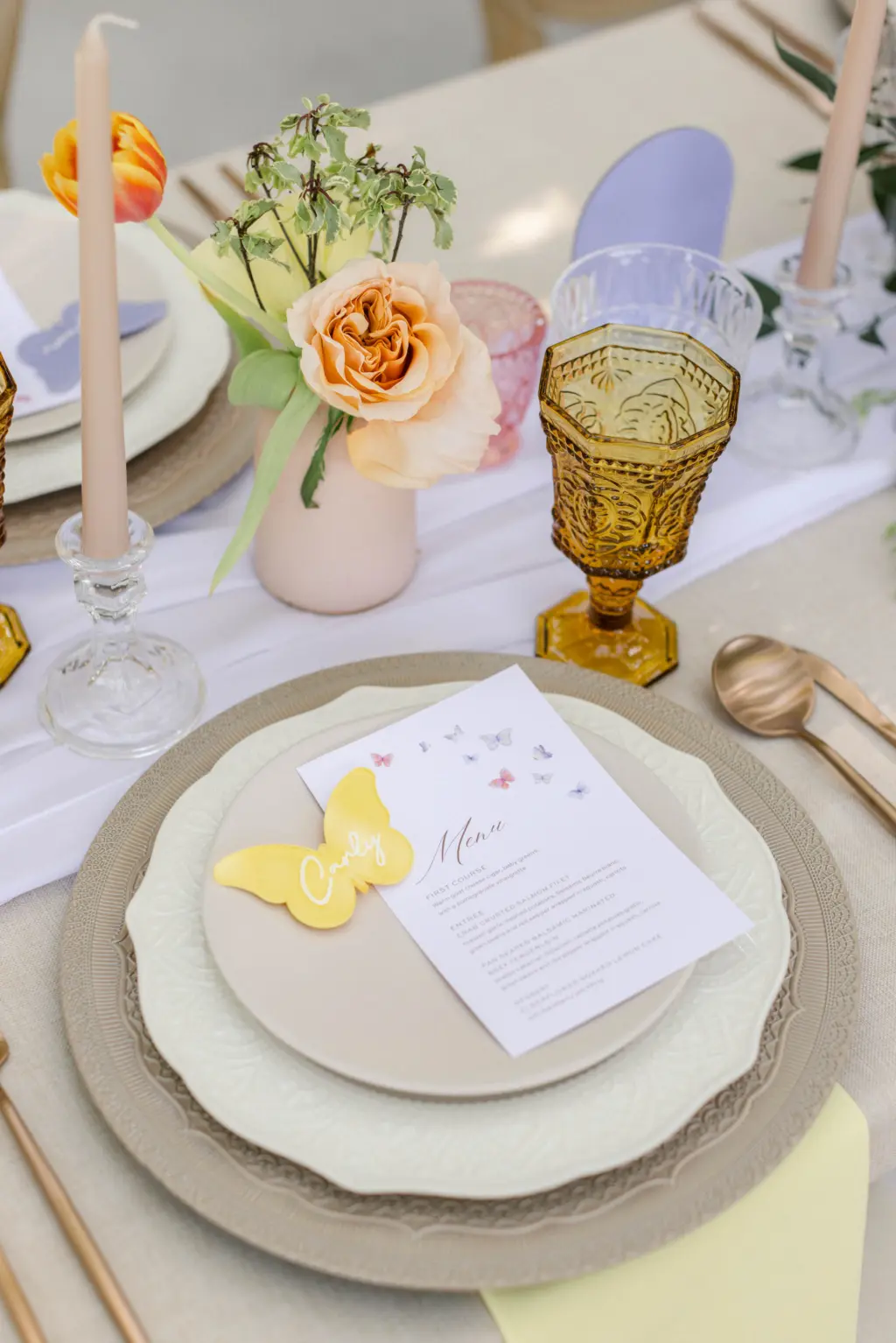 Butterfly Place Cards and Menus with Neutral Table Setting and Bronze Flatware | Wedding Stationery Ideas Tampa Printer A&P Designs