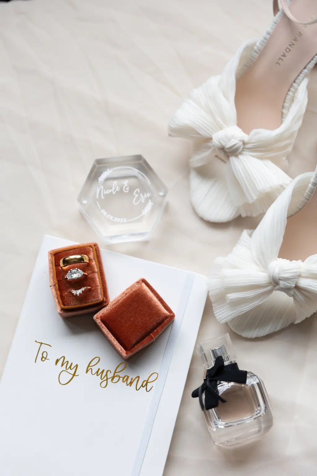 Rust Burnt Orange Velvet Wedding Ring Box Inspiration | To My Husband Wedding Day Vow Ideas | White Open-toe Loeffler Randall Shoe