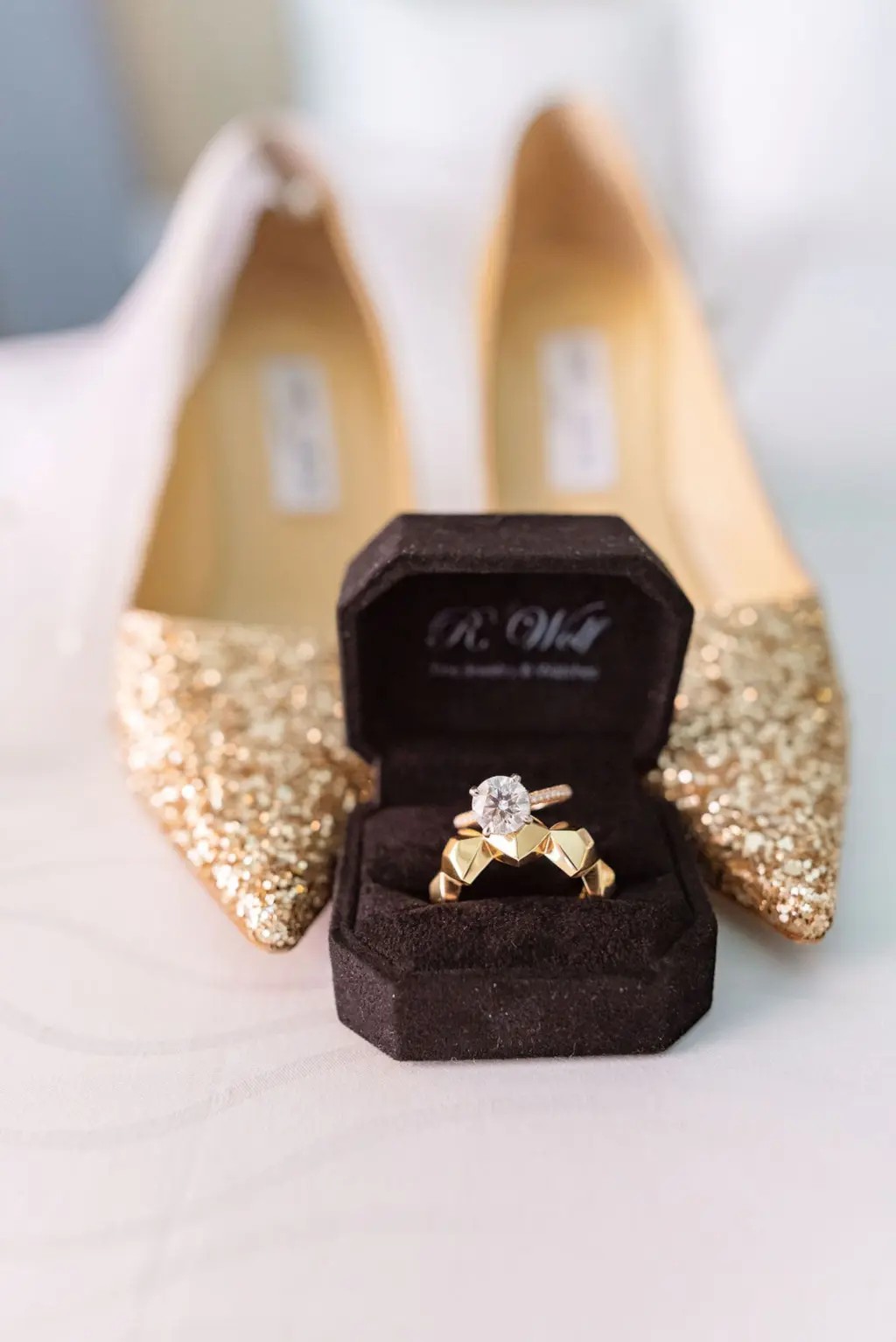 Unique Gold Wedding Band with Oval Solitaire Engagement Ring with Gold Band in Black Velvet Ring Box | Gold Sequin Pointed Closed Toe Wedding Shoes